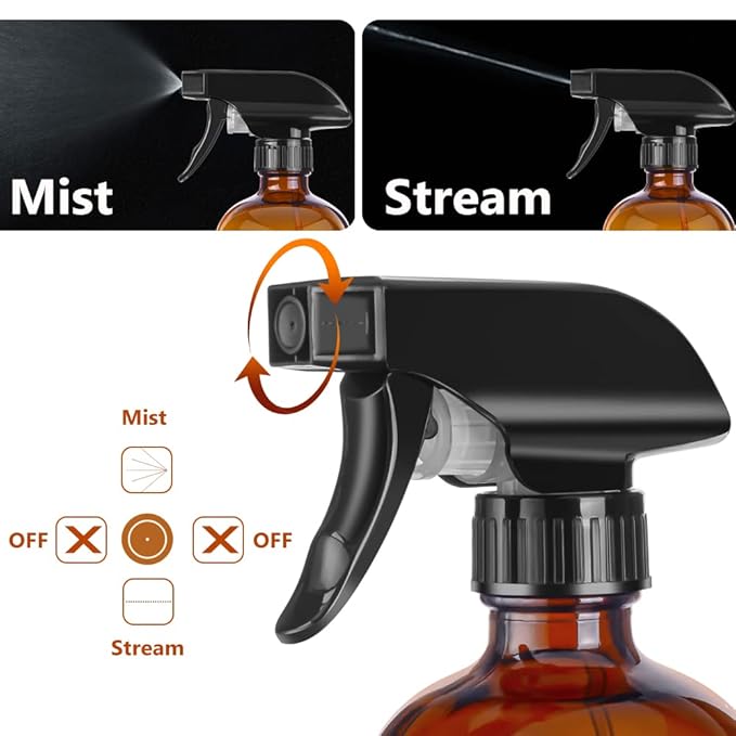 PrettyCare 3 pcs 8 Oz Amber Glass Spray Bottles, Refillable Empty Spray Bottles with Adjustable Nozzle & Lables for Cleaning, Leak-Proof Design for Essential Oils, Facial Hydration Hair Aromatherapy