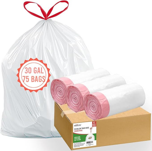 30 Gallon Trash Bags Drawstring, 75 Count, White & Unscented, Multi-purpose Garbage Bags Can Liners for Business Home Kitchen Commercial and Industrial