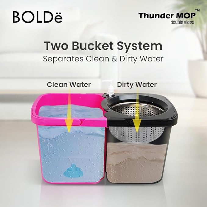 BOLDë Thunder Mop Spin System - Double-Sided - 2 Compact Stackable 6L Buckets, Microfiber Head, Stainless Steel Wringer, Antifungal Quick-Dry Cleaning, Soap Dispenser, 3 Free Refills (Yellow/Blue)