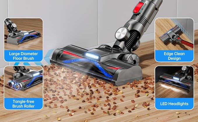 BARNMO Cordless Stick Vacuum, Red, 45 Min Runtime, LED Headlights, 2-Speed, Telescopic Tube with Main Vacuum Brush, Crevice Tool, dust Brush, Removable-Rechargeable Battery Pack with Charging Cord