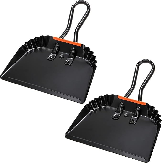 TOPZEA 2 Pack Black Metal Dustpan, 12 Inch Heavy Duty Steel Dust Pan with Handle Handheld Dustpan Wide Scooper for Indoor, Outdoor, Fireplace, Industrial and Commercial Use