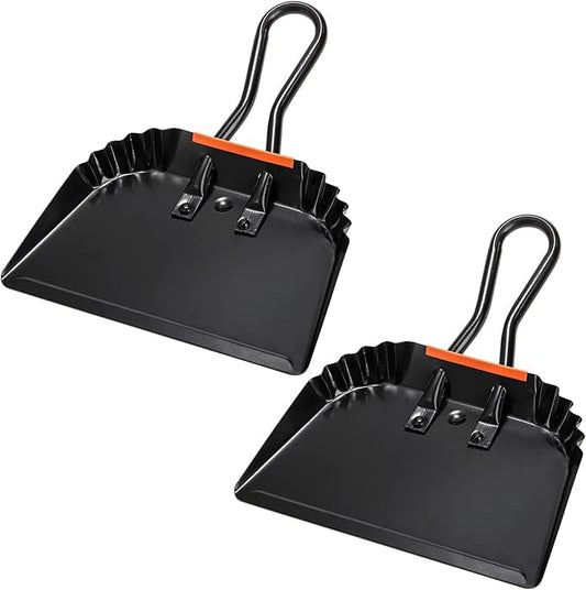 TOPZEA 2 Pack Black Metal Dustpan, 12 Inch Heavy Duty Steel Dust Pan with Handle Handheld Dustpan Wide Scooper for Indoor, Outdoor, Fireplace, Industrial and Commercial Use