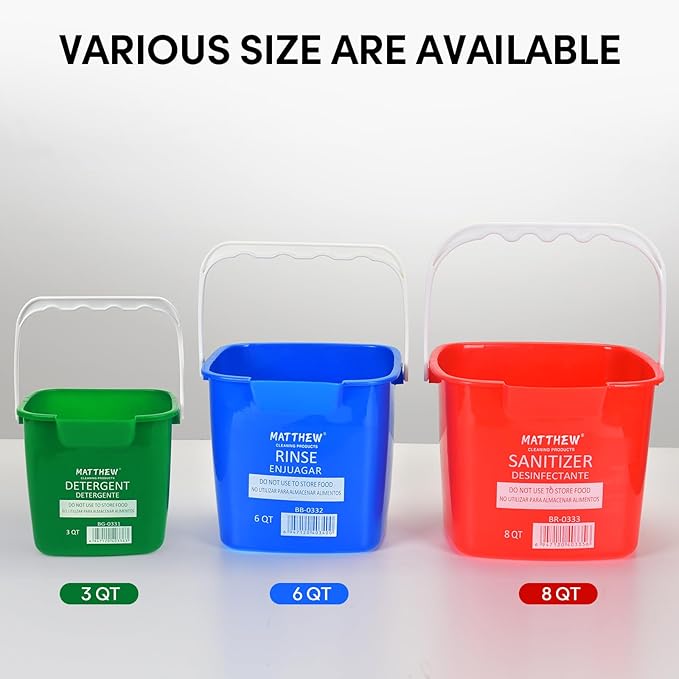 Matthew Detergent&Sanitizing Cleaning Bucket 6 Quart Plastic Pail,Set of 12 Square Containers,Built-in Spout w/Handle,Wash Rinse Sanitize Handwash Bucket for Home Office Commercial Restaurant (Red)