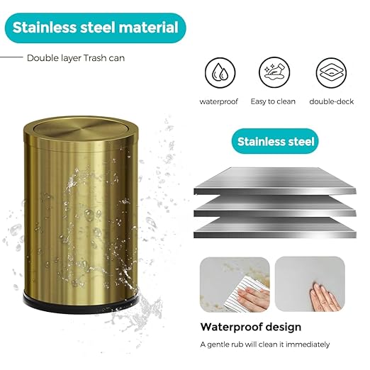 Stainless Steel Gold Bathroom Trash Can with Lid, 9L/2.4Gallon Garbage Can for Bedroom, Kitchen, Office, Living Room (Double Layer)