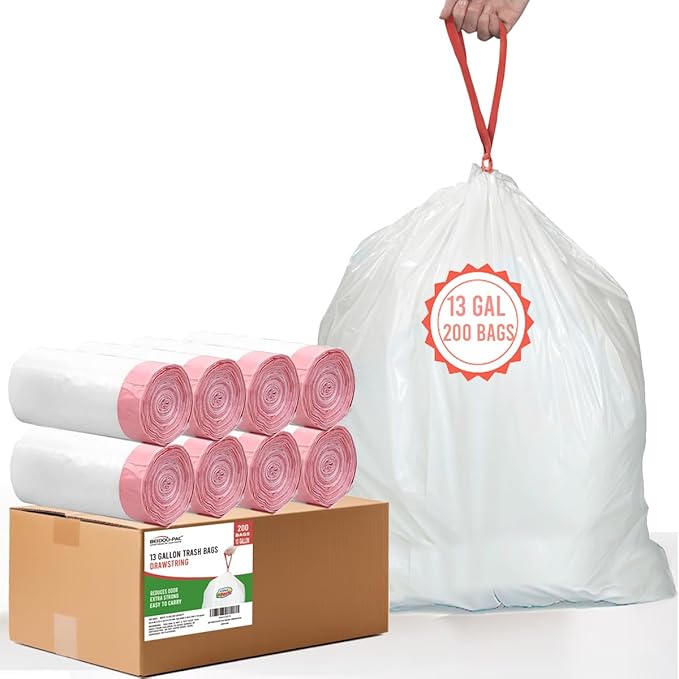 13 Gallon Trash Bags Drawstring, 200 Count, White & Unscented Garbage Bags, Multi-purpose Tall Kitchen Trash Bags Can Liners for Business Home Commercial and Industrial