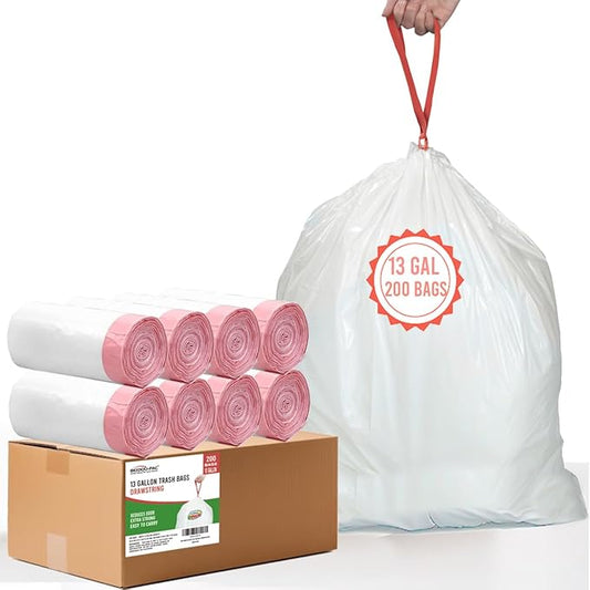 13 Gallon Trash Bags Drawstring, 200 Count, White & Unscented Garbage Bags, Multi-purpose Tall Kitchen Trash Bags Can Liners for Business Home Commercial and Industrial