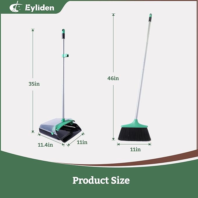 Eyliden Broom with Dustpan Combo Set - Stand-Up Dustpan, Self-Cleaning Comb, 4-Row Dense Bristles - Sweeper Brooms and Dustpan for Home, Office, Lobby, Shop, Classroom, Dorm Room (Black & Green)