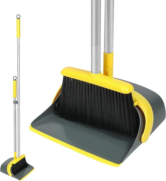 Dirty Fox Broom and Dustpan Set with 54 Inch Long Handle - Perfect Dust Pan and Brush Combo for Home Efficient Cleaning (Yellow and Grey)