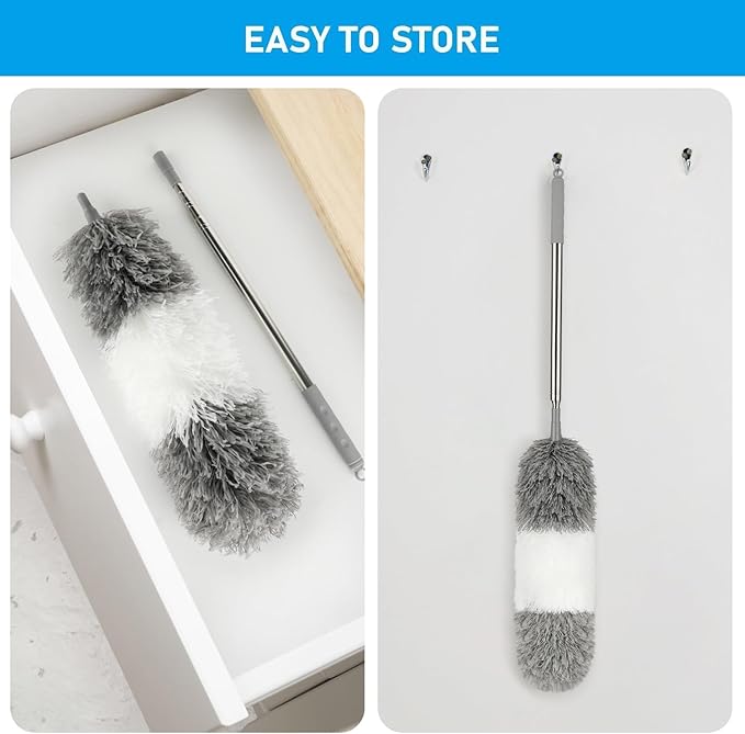Microfiber Feather Dusters for Cleaning, Duster with 100 inch Extension Pole, Cobweb Cleaner Duster Tools with 2 Microfiber Heads, Long Aluminum Telescoping Pole for Ceiling Fan Blinds Furniture Cars