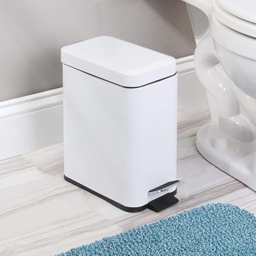 mDesign 5 Liter Rectangular Small Steel Step Trash Can Wastebasket, Garbage Container Bin for Bathroom, Powder Room, Bedroom, Kitchen, Craft Room, Office - Removable Liner Bucket, Matte White