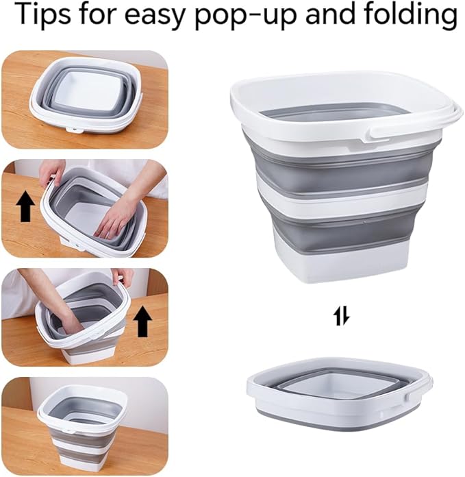 2 Pack Collapsible Plastic Bucket with Handle 1.32 Gallon (5L) Each Foldable Rectangular Tub for Cleaning Camping Essentials Space Saving Outdoor Portable Bucket for Camping
