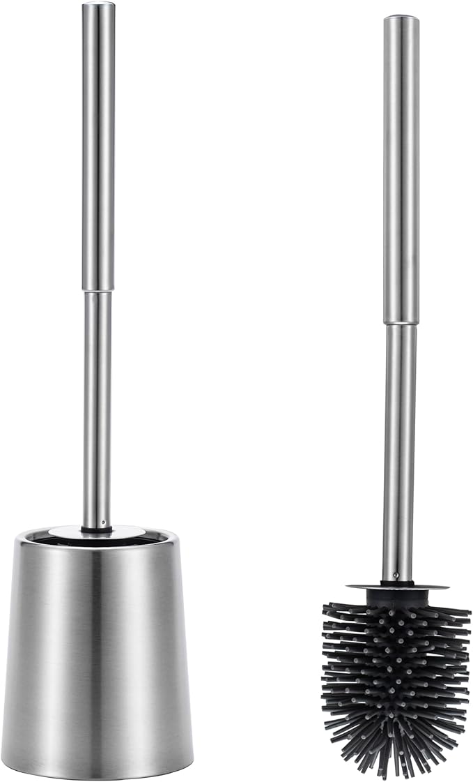 SOPRANNOMIN SUS304 Stainless Steel Toilet Brush and Holder Silicone Bathroom Brush TPE Brush Head Toilet Cleaner for Bowl Bathroom Cleaning Brush Caddy Cepillo de Baño Brushed Silver