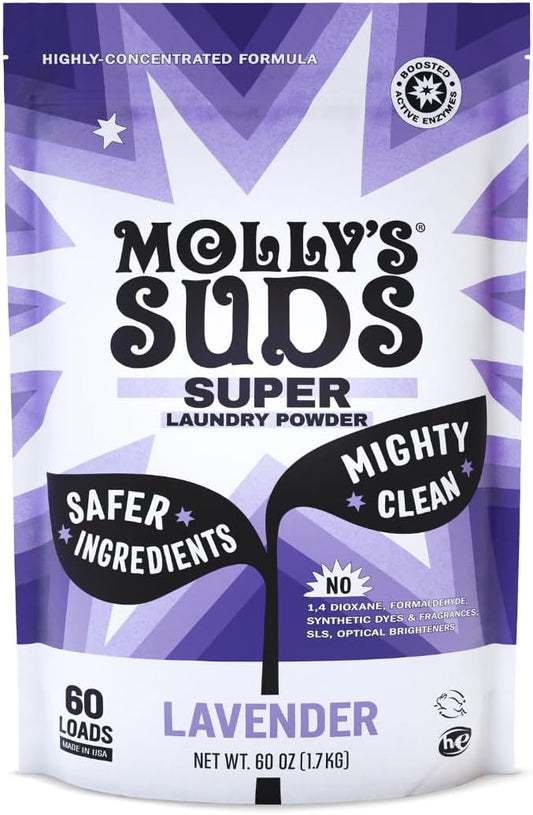 Molly's Suds Super Powder Detergent | Natural Extra Strength Laundry Soap, Stain Fighting | Sensitive Skin | Earth Derived Ingredients | Lavender, 60 Loads