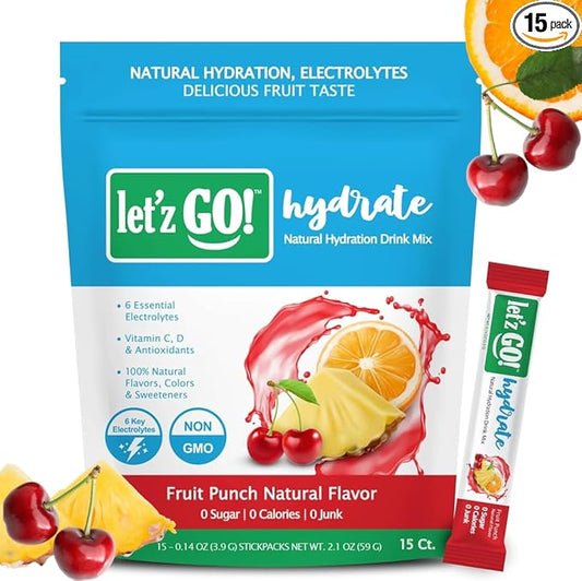 Let'z Go! Hydrate- Natural Hydration + Electrolyte Drink Mix- Hydration + Electrolytes + Antioxidant Powder Packets, Natural Flavors, Vitamins C + D | No Sugar | No Calories | (15 Count) Fruit Punch