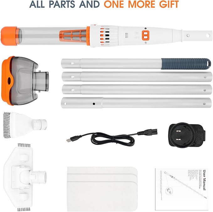 3 in 1 Rechargeable Pool & Spa Hot Tub Vacuum Cleaner - Dual Mode & Magnetic Drive System, 25µm Ultra Fine Mesh Filters for Hot Tub, Small Above Ground Pools, 60 Mins (Orange)