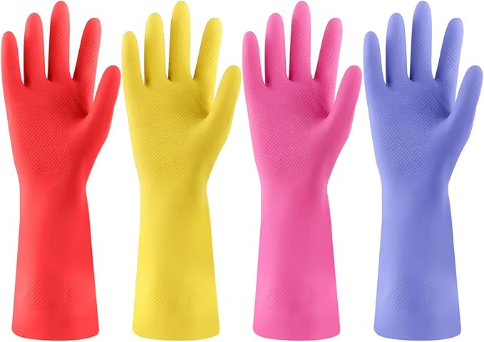 Rubber Kitchen Dishwashing Gloves - 4 Pairs Colorful Reusable Cleaning Gloves for Kitchen Washing Dishes and Household Cleaning(XL, Blue+Pink+Yellow+Red)