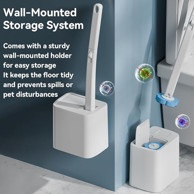 Dexmary Disposable Toilet Brush Set with Holder, Angled Cleaning Wand with 24 Refill Heads, Wall-Mounted Hygienic Toilet Cleaner (Ocean, Lemon, Lavender Scents)