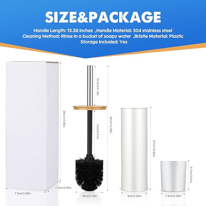 Compact Toilet Brush & Holder,SetStainless Steel Handle Toilet Brush,Deep Cleaning,Durable Nylon Bristles,Splash-Proof Design(White&Black)