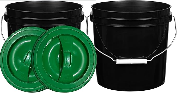House Naturals 2 Gallon Black Bucket with Green Screw on Lids, Food Grade, Made in USA containers (Black with Green lids)