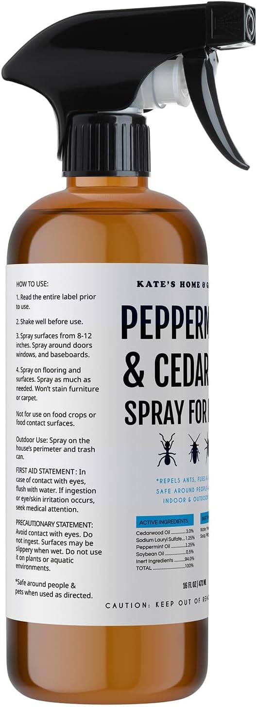 Kate's Home & Garden Peppermint Oil Spray for Bugs, Ants, Insects, Spiders, Roaches, Stink Bug. Pesticide and Insecticide Indoor Repellent Pest Control with Cedar Oil (16oz, Natural, Non Toxic)