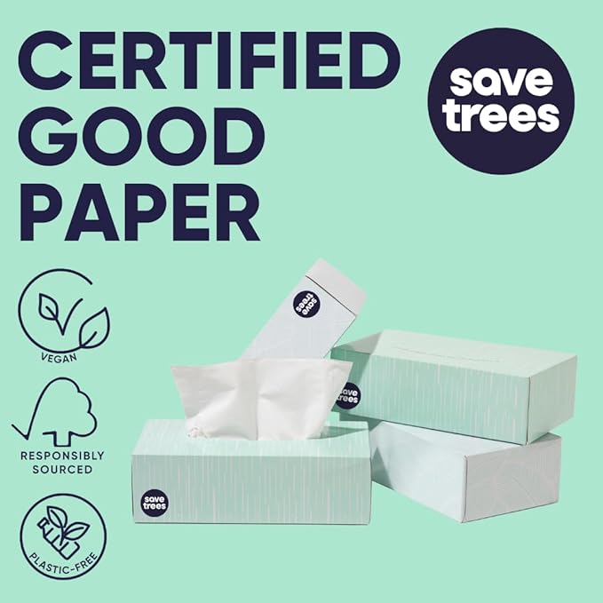 Save Trees Bamboo Facial Tissues - 4 Boxes of Eco-Friendly, 3-Ply Hypoallergenic Tissues, 90 Sheets per Box, FSC Certified, Plastic-Free Packaging, Soft & Gentle for Home Use