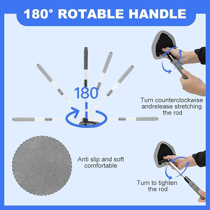 Generic Windshield Cleaning Tool, 2025 New Car Interior Window Cleaning Kit with Extendable Handle, 3 Reusable Microfiber Cloth Pads, Auto Glass Wiper for Windshield, Trucks, SUVs, RVs (Gray)