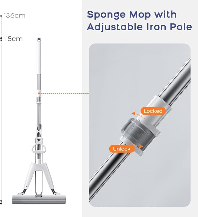 YURIGO Kozeedom Mop and Bucket with Wringer Set for Home Floor Cleaning, Self Squeezing mini Hand mop with 3 Absorbent Sponge Mop Refills and Adjustable Height