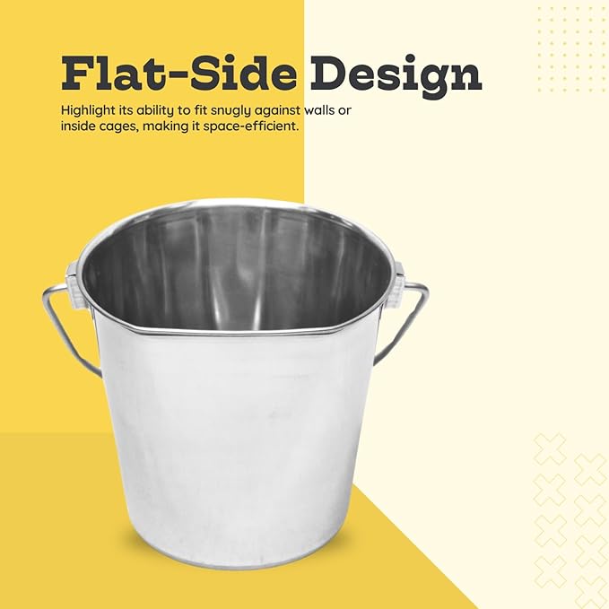 1 Quart Stainless Steel Flat Side Bucket | Durable Heavy Duty Food & Water Feeding Pails for Small Pet Dog Birds Cat | Fits kennels Cages Critter Crates Hanging Pail | Multipurpose Bucket