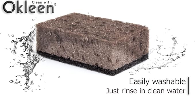 Okleen Taupe Multi Use Scrub Sponges. Made in Europe. 9 Pack, 4.3x2.8x1.4 inches. Best Odorless Durable Brown Heavy Duty Scrubber for Kitchen and Household Cleaning
