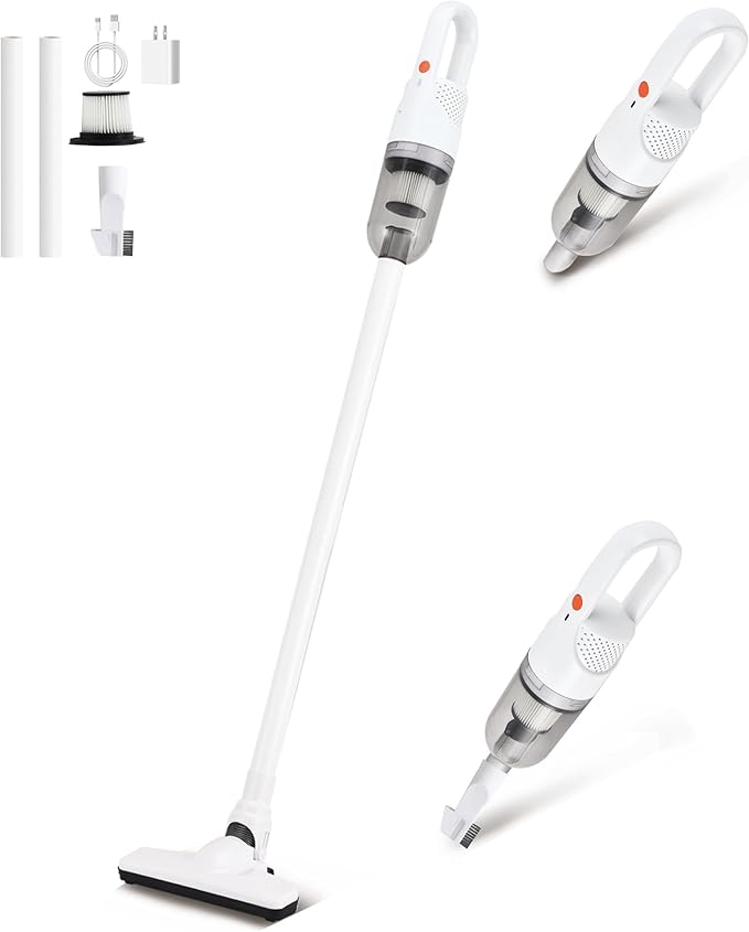 SIPPON 6-in-1 Lightweight Stick Vacuum Cleaner with 100W Powerful Motor, Mini Portable Household Handheld Vacuum Cleaner for Domestic Hard Floors, Carpets and Pet Hair (White Cordless with Plug)