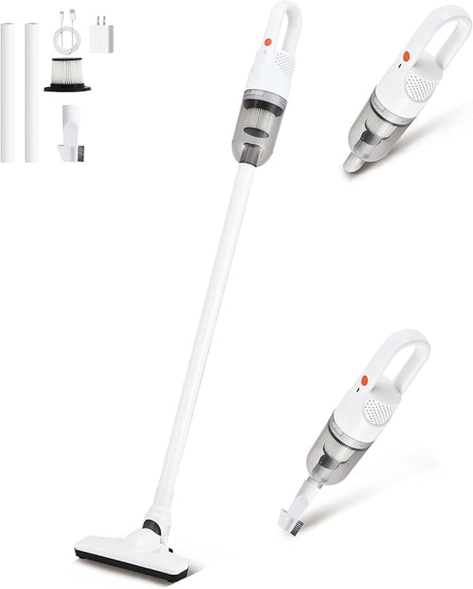 SIPPON 6-in-1 Lightweight Stick Vacuum Cleaner with 100W Powerful Motor, Mini Portable Household Handheld Vacuum Cleaner for Domestic Hard Floors, Carpets and Pet Hair (White Cordless with Plug)