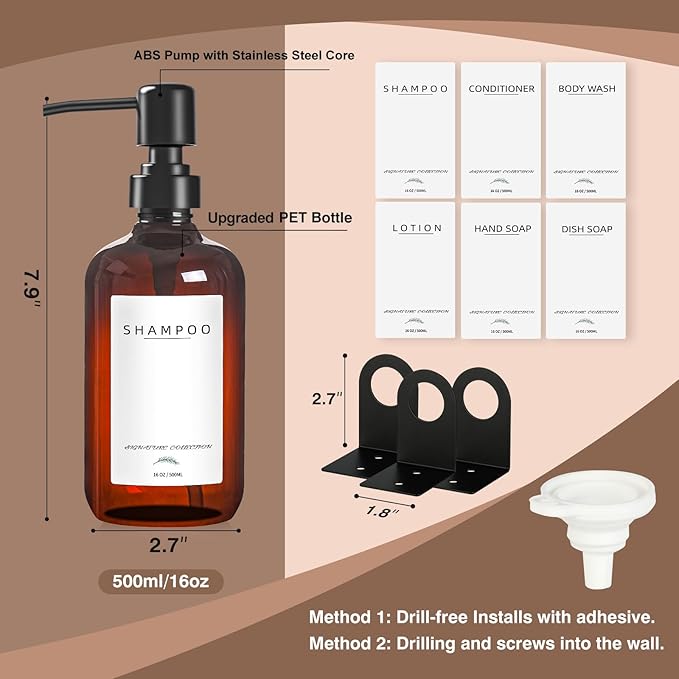 Shampoo Dispenser for Shower Wall Mount, No Drill Shampoo and Conditioner Dispenser with Matte Pump and Waterproof Labels, Shower Soap Dispenser Wall Mounted for Home Bathroom - Amber