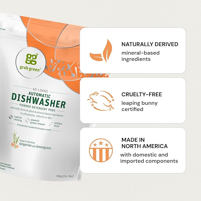 Grab Green Automatic Dishwashing Detergent Pods, 12 Count, Tangerine Lemongrass Scent, Plant and Mineral Based, Superior Cleaning, Powerful Grease Removal, Brilliant Shine