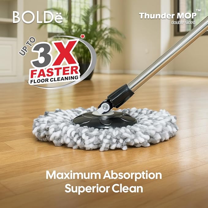 BOLDë Thunder Mop Spin System - Double-Sided - 2 Compact Stackable 6L Buckets, Microfiber Head, Stainless Steel Wringer, Antifungal Quick-Dry Cleaning, Soap Dispenser, 3 Free Refills (Black/Grey)