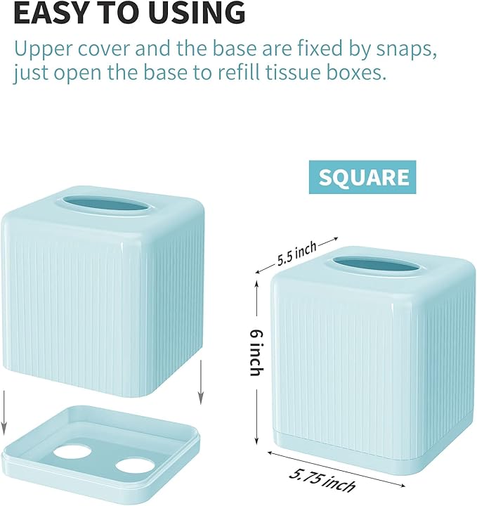 Livelab Tissue Box Cover and Holder - Square Plastic Decorative Tissue Dispenser - Modern Cube Style - For Bathroom, Living Room, Office - Blue