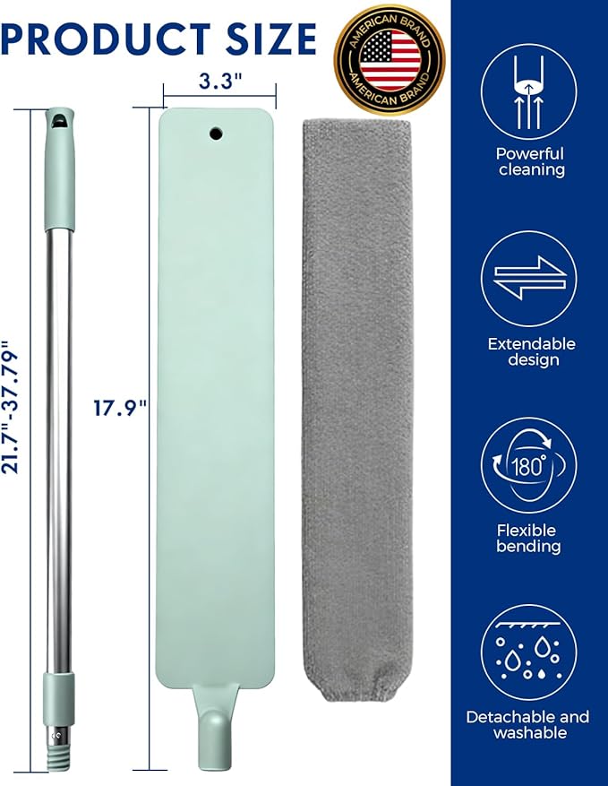 Extendable Duster for Hard to Reach Areas, Extension Pole of Flat Duster for Under Appliances, Includes 8 Washable Microfiber Dusters for Cleaning Extendable Under Refrigerator, Furniture & Couch