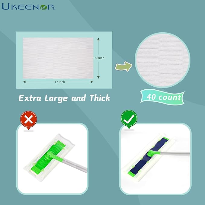 UKEENOR XL Dry Mop Refills 80 Counts Disposable Dusting Cloths Dry Sweeping Refills Dry Duster Cloths Mop Pads Floor Cloth Refills Electrostatic Cloths 9.8"x17" Extra Thick and Large Box Packing