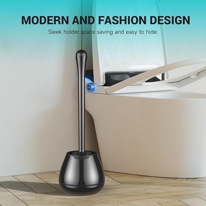 Toilet Brush and Holder, 2 Pack Toilet Bowl Brush with Long Handle, Plastic Holder Easy to Hide, Drip-Proof, Easy to Assemble, Deep Cleaning, Black