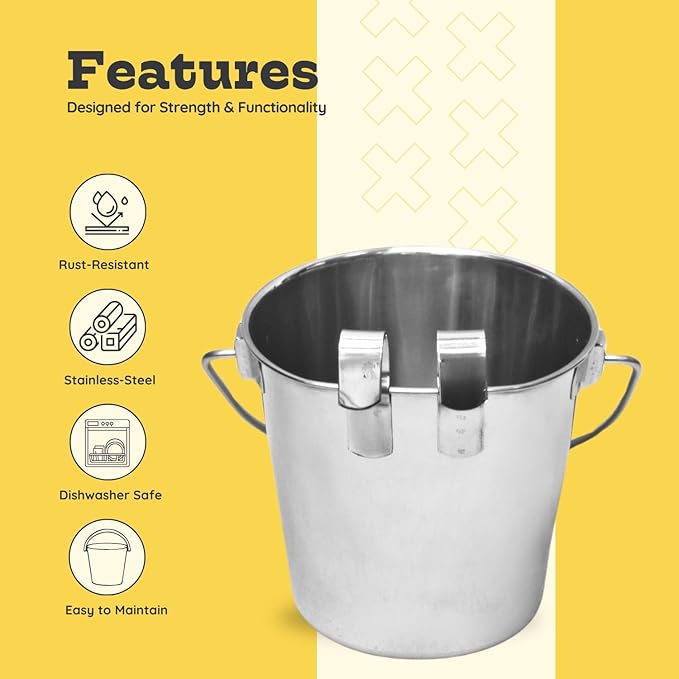 1 Quart Stainless Steel Flat Sided Bucket with Dual Hooks | Durable Food & Water Bowl for Dog Cat Bird & Small Animals | Fits kennel Cage Critter Crate Hanging Pet Pail | Multipurpose use