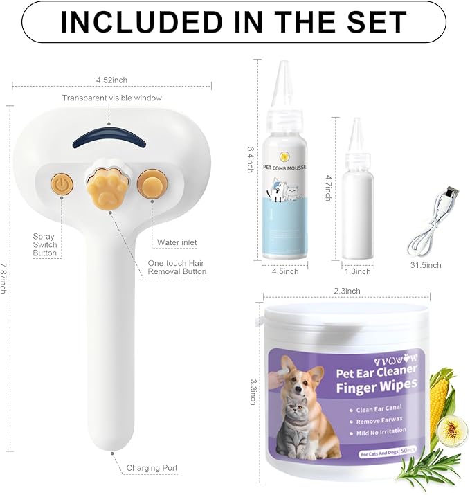 VVWVVW Pet Steam Brush for Dog & Cat – 3-in-1 Spray Hair Removal Comb – Steam for Shedding & Grooming – Water Brush for Long & Short Haired Pets – Spritz Defur Comb