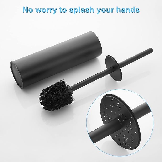 Kelirol Toilet Brush and Holder Set Black Stainless Steel, 304 Heavy Duty Round Toilet Brush Set – Rust Resistant, Long Handle, Replacement Heads, Floor Standing Bathroom Toilet Cleaning Brush