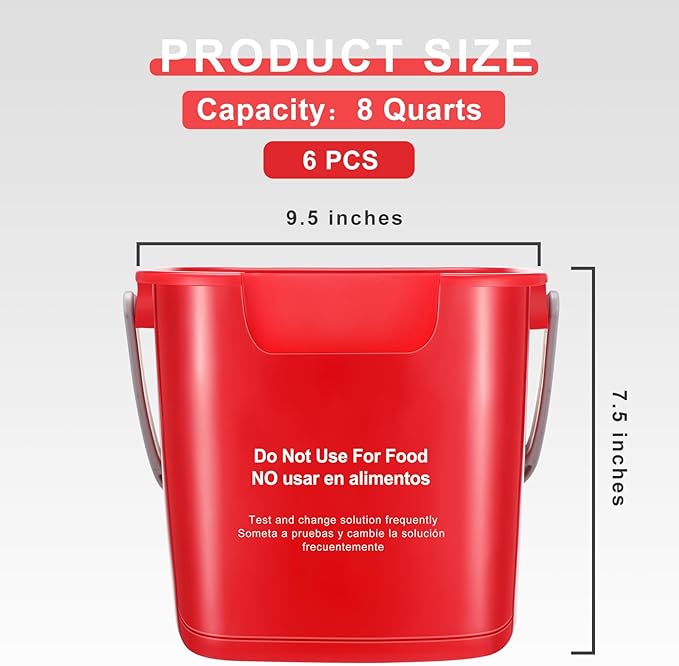 Uiifan 6 Pcs 8 Quart Cleaning Bucket Small Sanitizing Square Bucket Detergent Pail for Home Commercial Restaurant Kitchen Office School (Red)
