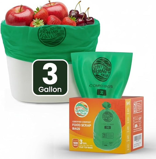 Compost Bags 3 Gallon,100 Count,Compost Food Scrap Waste Bags Fits Countertop Bin,Small Kitchen Food Scrap Waste Bags,Compost bin bags,Certified by BPI,ASTM D6400 and OK compost HOME certified
