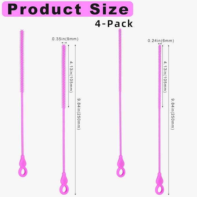 TenderBloom Silicone Straw Cleaner Brush, 4-Piece Reusable Straw Brush Set with Extra-Long Design for Cleaning Thin Metal Straws and Wider Milkshake Straws （6mm+9mm Purple)