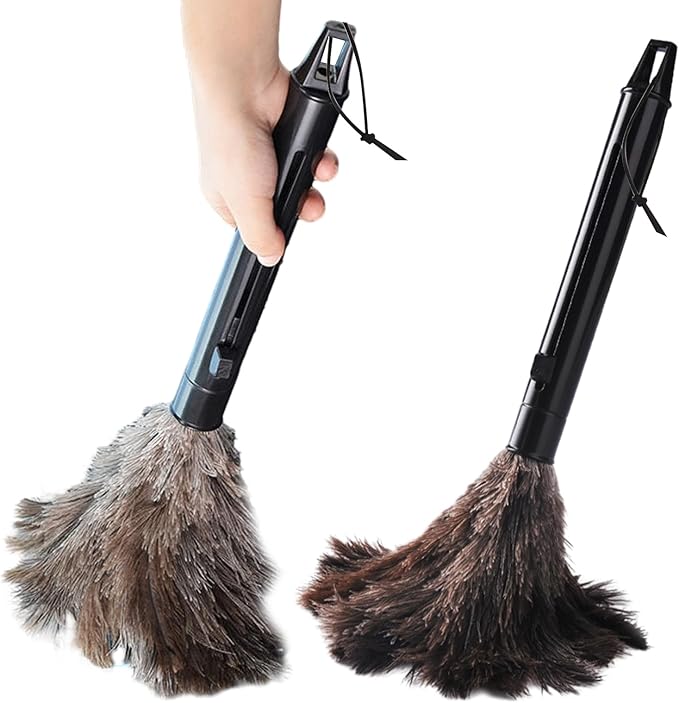 2pcs Feather Duster, Retractable Handle Fluffy and Natural Feather Duster Intrior/Extrior Cleaner for Blinds, Kitchen, Keyboard, Office Cleaning Supplies(Color:Black)