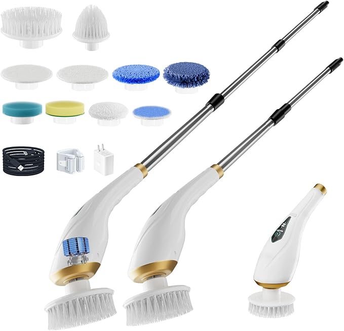 Hofenta Electric Spin Scrubber Cordless Shower Cleaning Brush with 10 Replaceable Brush Heads, Extendable Handle Up to 59", 2 Speed, Waterproof, 2H Cleaning Time for Bathroom Shower Tile Glass Car