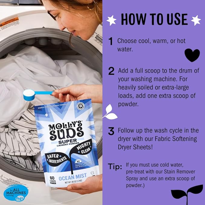Molly's Suds Super Powder Detergent | Natural Extra Strength Laundry Soap, Stain Fighting | Sensitive Skin | Earth Derived Ingredients | Lavender, 60 Loads
