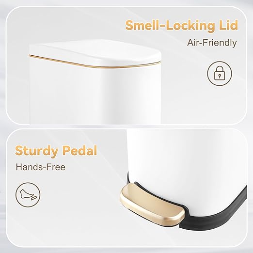 ELPHECO Bathroom Trash Can with Lid Soft Close, 3.5 Gallon / 13.5 Litre Stainless Steel Pedel Garbage Can with Removable Inner Bucket, Wastebasket for Bathroom, Office, Bedroom, Matte White