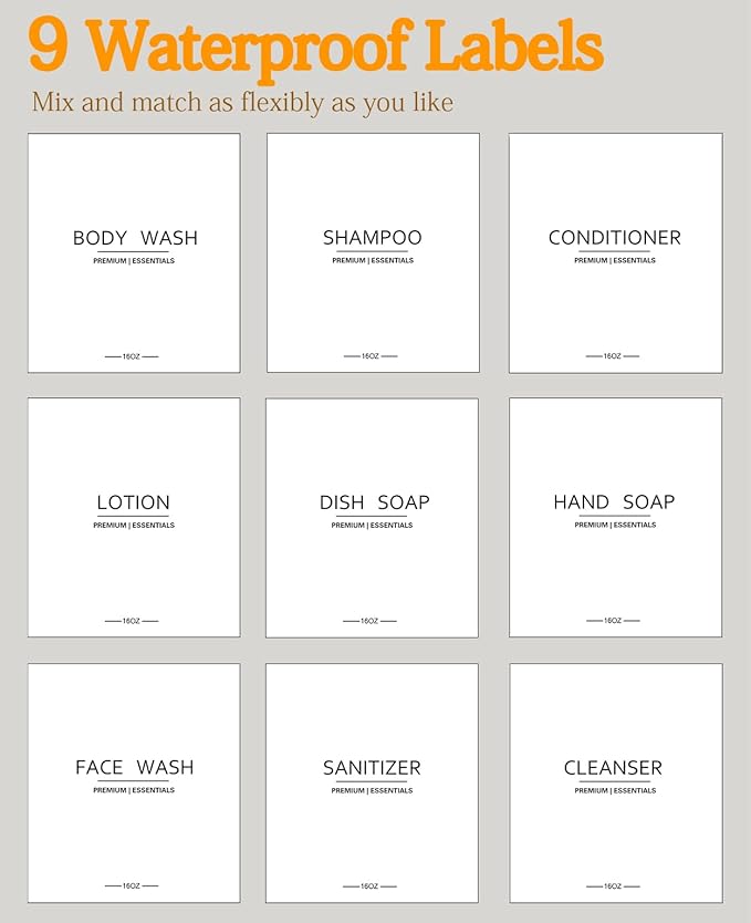Frosted Plastic Shampoo and Conditioner Bottles, Apothecary Dispenser Bamboo Pump, Refillable Bottles for Shower Lotion, Oil, Hand Soap, Sanitizer, Liquid Soap, Set of 3 with 9 Labels (3, Matte Black)