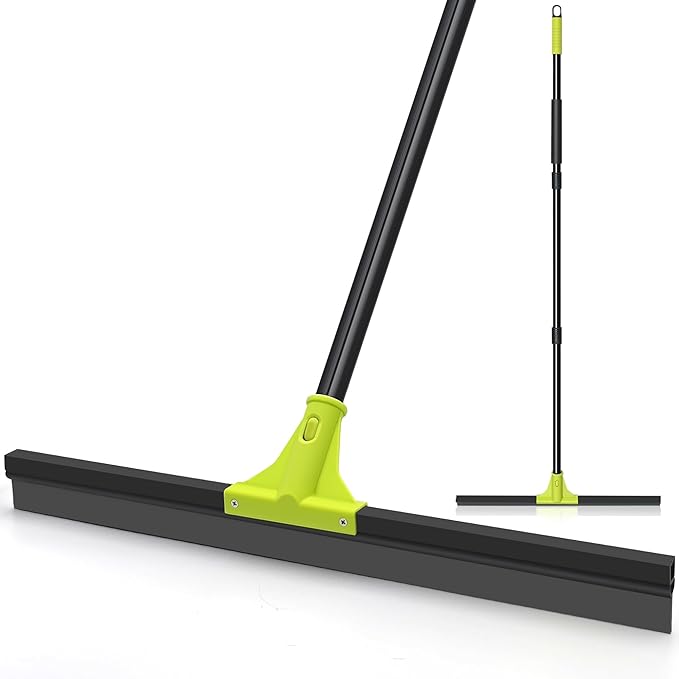 TidyBliss Floor Squeegee Heavy Duty, 24” Rubber Foam Water Scraper Broom, Epoxy Wiper Mop with 62 inches Long Handle for Cleaning Concrete Pool Rug Garage Deck Shower Window Outdoor Indoor (Green)